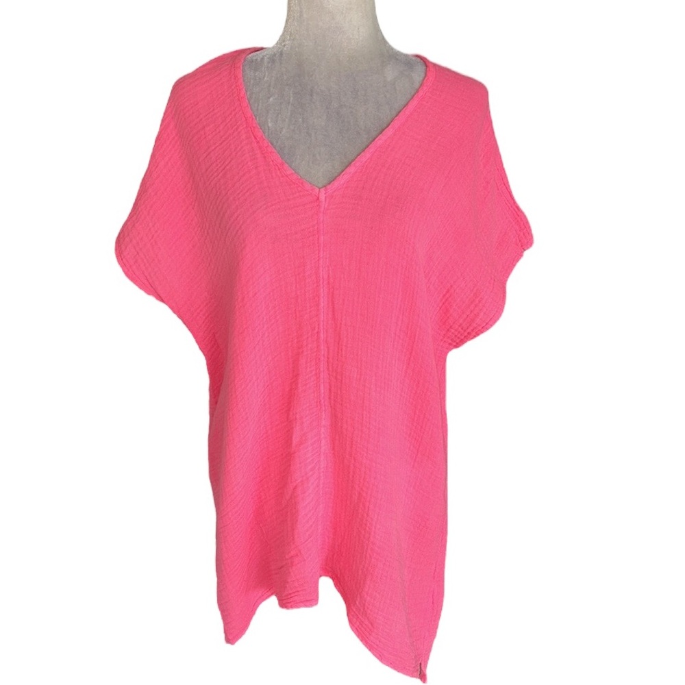 Felicite Hot Pink Gauze V Neck Oversized Tunic Top - XS